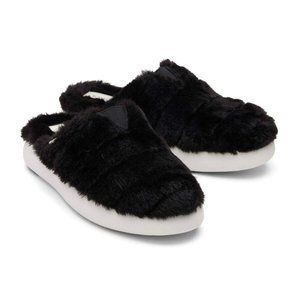 Toms Alpargata Mallow Mule Fluff Slippers Black Faux Fur Women's NEW Siz…